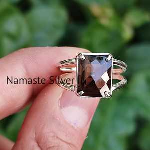 Handmade Boho <b>Statement</b> <b>Ring</b> Smoky Quartz Silver Cushion Checker Cut Brown Gemstone Inlaid Sterling Silver Birthday Gift for Him - Product Image 4