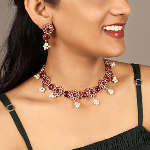 Juego de Joyería para Mujer en Plata Antigua Oxidada con Incrustaciones de Piedra Roja y Cadena Dorada, Chapado en Oro de 18K, Regalo de Boda o Compromiso - Product Image 3