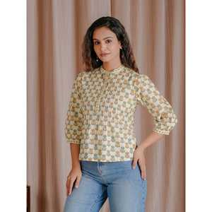 <b>Women's</b> for <b>Cream</b> Butti Cotton Pintux Style Short Top Breathable 100% Cotton Woven Fabric Fitted Crop <b>T</b>-<b>Shirt</b> for Ladies XS XXS - Product Image 3