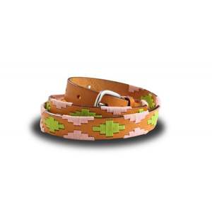 Cinturón de piel de vaca bronceada con patrón de bordado rosa y verde Hebilla de aleación de plata pulida Estilo informal único - Product Image 1