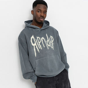 100% coton lavé à l'acide pull à capuche hiver Streetwear en détresse broderie doublé motif solide Service OEM avec logo avant - Product Image 4