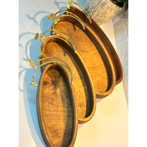 Plateau de service de Dessert alimentaire en bois ovale attrayant avec poignée en métal Ginkgo doré pour accessoires de vaisselle utilisation de fête de mariage - Product Image 2