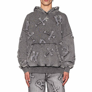 Custom Angustia Parche bordado Sharp Hood Sudadera con capucha Rhinestone Acid Washed Color Hoodie Full Rhinestones Hoodie - Product Image 3