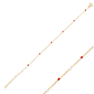 <b>Red</b> and White Enamel Design Gold Plated Turkish Handmade 925 Sterling Silver Trendy Wedding Party Chain <b>Bracelet</b> - Product Image 1