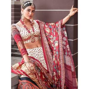 Étonnant pour les robes de soirée élégantes en soie Gaji imprimée crème Navratri Wear Lehenga Choli pour femmes - Product Image 2