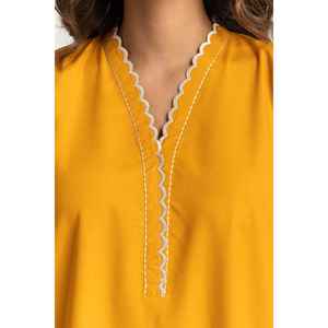 ชุดเซ็ตผ้าเครปปักลายผสมผสานสีมัสตาร์ดสำหรับผู้หญิง ชุดสองชิ้นความยาวเหนือเข่า ไซส์ XS และ XXS - Product Image 1