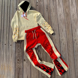 400gsm Applique Patches Broderie Rhinestone Acid Wash Sun Faded Flared Sweatsuit Raw Hem Hoodie Sweatpants Set Tracksuit Men - Product Image 2