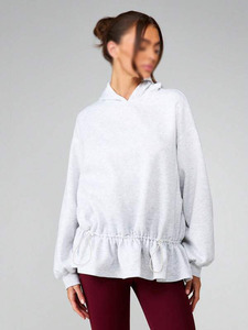<b>Women</b> Oversized <b>Fleece</b> Hoodie Solid Color Drawstring Gathered Hem Loose Fit Drop Shoulder Hooded <b>Top</b> OEM ODM Wholesale - Product Image 4