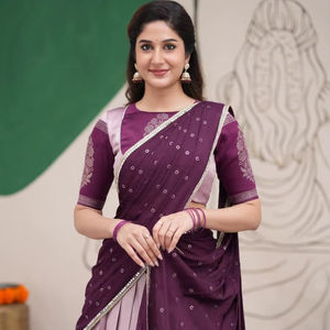 Lehenga Saree en soie violette pour femmes avec chemisier brodé, tenue ethnique traditionnelle - Product Image 1