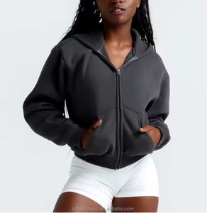 Sweat-shirt à capuche court en coton éponge avec logo personnalisé Design 3D en relief Sweats à capuche courts brodés Boxy pour femmes - Product Image 3