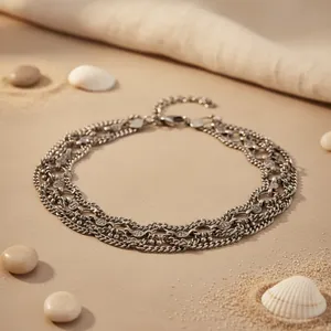 Chaîne de cheville vintage multicouche avec pierre naturelle, bijoux unisexe tendance en acier inoxydable plaqué argent antique - Product Image 2