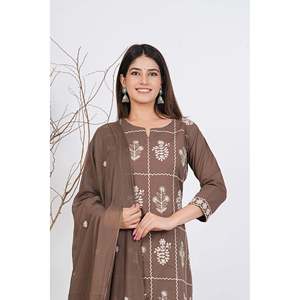Women Cotton Embroidered Chiffon Kurta Set Casual Style Elegant Ethnic Wear <b>Kurti</b> with Dupatta 3/4 Sleeves Outfit - Product Image 5