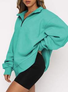 Logo en relief personnalisé femmes sweats avec poche surdimensionné coton lourd sport entraînement haut demi-fermeture éclair sweats - Product Image 2