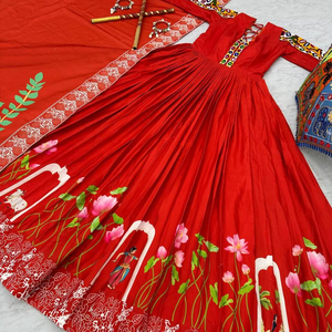 Vestido Anarkali de trabajo de seda estampado de algodón puro de último diseñador de FabZone - Product Image 1