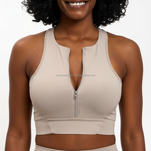 Custom Front Zipper Sports <b>Bra</b> High Neck Yoga Top Beige Athletic Crop Top Racerback Gym <b>Bra</b> Sleeveless Workout Wear for Women - Product Image 1