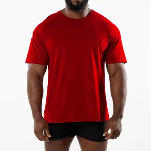 T-shirt de sport à col rond et à séchage rapide pour hommes, haut de sport de fitness respirant avec motif solide tissé à partir de polyester/coton, nouvel arrivage - Product Image 3