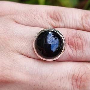 925 Sterling Silver Women's <b>Statement</b> <b>Ring</b> Handmade Black Onyx Round Gemstone with Rhodium Plating Black Onyx Silver <b>Ring</b> - Product Image 1