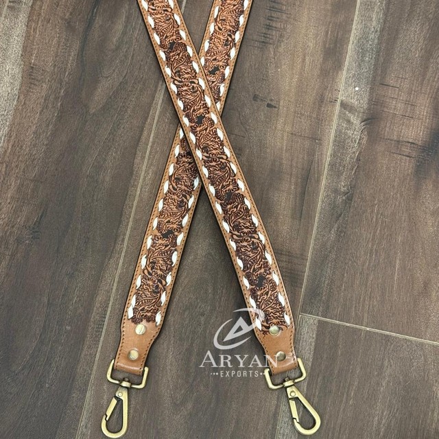 New Luxury Wholesale Hand Tooled Leather Replacement Crossbody Guitar Straps Custom Genuine Cowhide Leather Shoulder Bag Straps