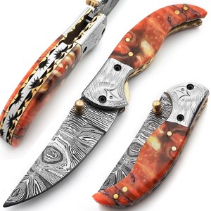 Couteau utilitaire à lame pliante en acier de Damas, manche en résine, étui de transport vertical, poche EDC, chasse, camping, support ODM OEM - Product Image 4