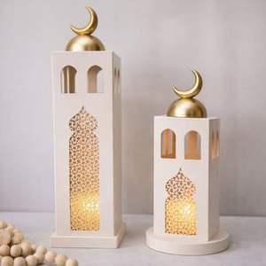 Elegant White Metal Crescent <b>Lantern</b> Duo with <b>Tall</b> Slim Design Intricate Cutwork Warm Candle Glow Perfect Festive Home Decor - Product Image 2