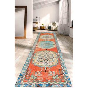 Tapis turc floral : Décoration vintage orange et bleue, tapis en chenille - Product Image 4
