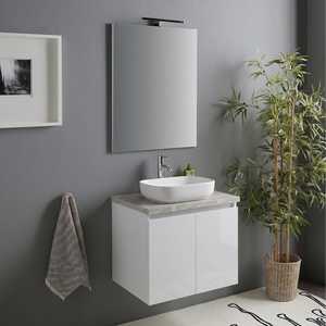 Meuble de salle de bain suspendu de 60 cm avec portes blanches brillantes et plateau en béton Baltimora - Product Image 1