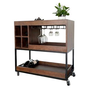 KR68002 Modern Antiqued Home Furniture Solid Oak Mobile <b>Wine</b> Rack with Iron Frame - Product Image 2