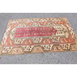 Alfombra de lana turca Vintage Beige roja clásica, diseño de retales de tejido plano de 4,1x6,6 pies para sala de estar, respaldo de látex de 10mm de espesor - Product Image 3