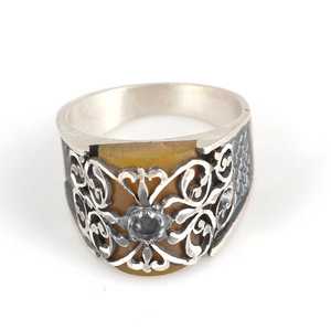 925 Sterling Silver Men's <b>Ring</b> with Yellow Pressed Amber Stone and Handcrafted Pen Design Bezel Setting Inlay Everyday Wear - Product Image 5