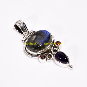 Pendentif en labradorite bleue, grenat rouge et améthyste violette, pendentif en argent sterling 925, pendentif artisanal, pendentif statement - Product Image 5