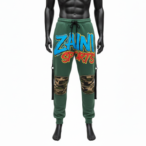 High Quality Premium Cotton Polyester Fleece Jogger Pant <b>Green</b> With Camo Knee Panels Screen Print Logo <b>men's</b> Jogger Pant - Product Image 6