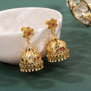 ชุดต่างหูทองแบบดั้งเดิม Jhumka, ต่างหู Jhumka สุดหรูสำหรับผู้หญิง, ต่างหูอินเดีย humjka, เครื่องประดับที่เต็มไปด้วยทองคำ Oro joyeria. - Product Image 2