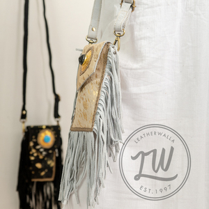 Real Handmade Hair On Leather Fringe Handbag Metallic Fur Leather Mobile Phone <b>Pouch</b> Bag Bohemian Leather Bags - Product Image 1