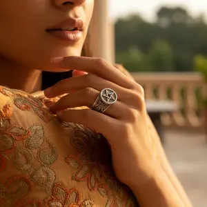 925 Sterling Silver Men's <b>Pentagram</b> <b>Ring</b> Gothic Fashionable Trendy Stainless Steel Inlay Jewelry - Product Image 2