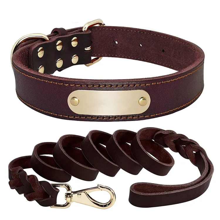 High Quality Real Leather Dog Collar and Lead Set for Medium Large Dogs Heavy Duty Wholesale stylish rope leas Dog Collar OEM