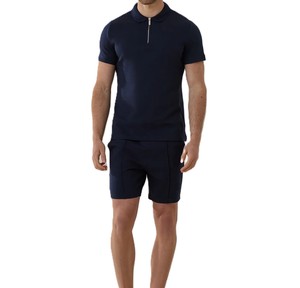 Prix de gros personnalisé votre propre logo manches courtes col rabattu avec fermeture éclair couleur bleu foncé coupe ajustée vêtements d'été respirant - Product Image 1