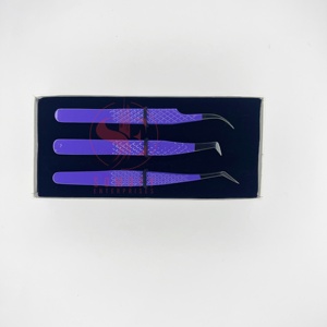 Pinzas de pestañas de acero inoxidable moradas personalizadas, puntas de volumen de fibra con agarre de diamante de etiqueta privada para extensión de pestañas - Product Image 2