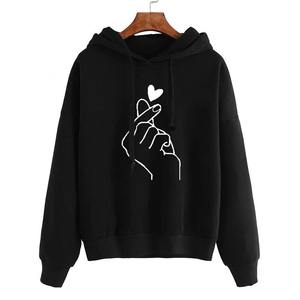 Autumn Korean Fashion Oversized Fleece <b>Hoodie</b> Solid Color with Heart Design Long Sleeve Sweatshirt Drawstring Pockets Loose Fit - Product Image 4