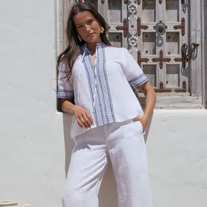 Boho Linen Embroidered Tassel Blouse for <b>Women</b> Organic Cotton Eco-Friendly Breathable & Washable <b>Christmas</b> - Product Image 1