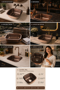 Fregadero de Cocina de Lujo DIVRIS, Hecho a Mano, de Cobre Martillado, Personalizado, de un Solo Tazón, Cuadrado, con Acabado Pulido, Diseño Moderno, 15x15 - Product Image 2