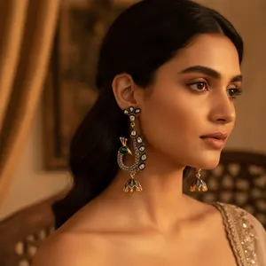 <b>Peacock</b> Themed Drop Earrings with Green Enamel & Diamonds Gold Plated Art Palace <b>Jewelry</b> for Wedding Party or Gift - Product Image 3