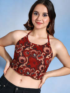 Chemise sans dos en coton à imprimé floral pour femmes, pour un usage décontracté, taille unique, couleur marron, col rond, confortable - Product Image 5