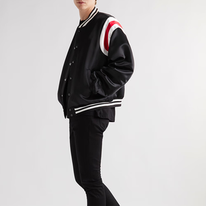 <b>Men's</b> Black Satin Varsity <b>Jacket</b> Red <b>White</b> Stand Collar Casual Baseball Coat Autumn Wear Regular Fit Windproof Embroidered High - Product Image 1