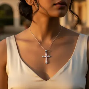 925 Silver Pink Mother of Pearl <b>Cross</b> Pendant Religious Jewelry with Dainty Pearl Charms - Product Image 3