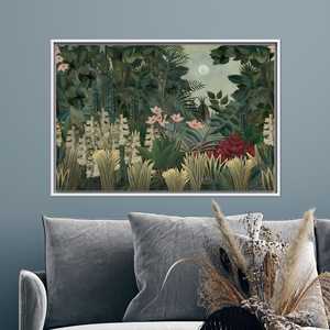 Toile Jungle sous la lumière de la lune : Impression botanique tropicale pour un décor exotique, 1P : encadré blanc - Product Image 1