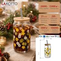 LAKOTTO 500ml Verre à boire en verre imprimé marguerite avec couvercle en bois et paille en acier, verrerie en gros, logo personnalisé, promotionnel
