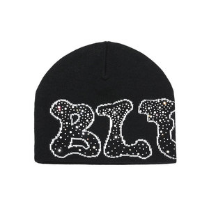Black Beanie Hat with Rhinestone Letter Embroidery Unisex Adult <b>Winter</b> <b>Cap</b> Street Style 56-58CM - Product Image 1