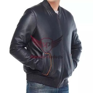 <b>Mens</b> Real Navy <b>Leather</b> Bomber <b>Jacket</b> Orange Piping Pockets Ribbed Collar Zip Front Sheepskin Coat Custom Varsity Winter Outer - Product Image 2