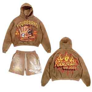 Fabricant OEM Personnalisé 100% Coton Éponge Française Imprimé Numérique Pull et Sweat à Capuche Sun Faded Shorts 2 Pièces Sets - Product Image 4