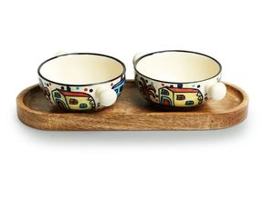 Cuencos para servir de cerámica pintados a mano The Hut con bandeja de madera, Juego de 2 cuencos para servir para pasta, frutas, ensaladas o palomitas de maíz - Product Image 4